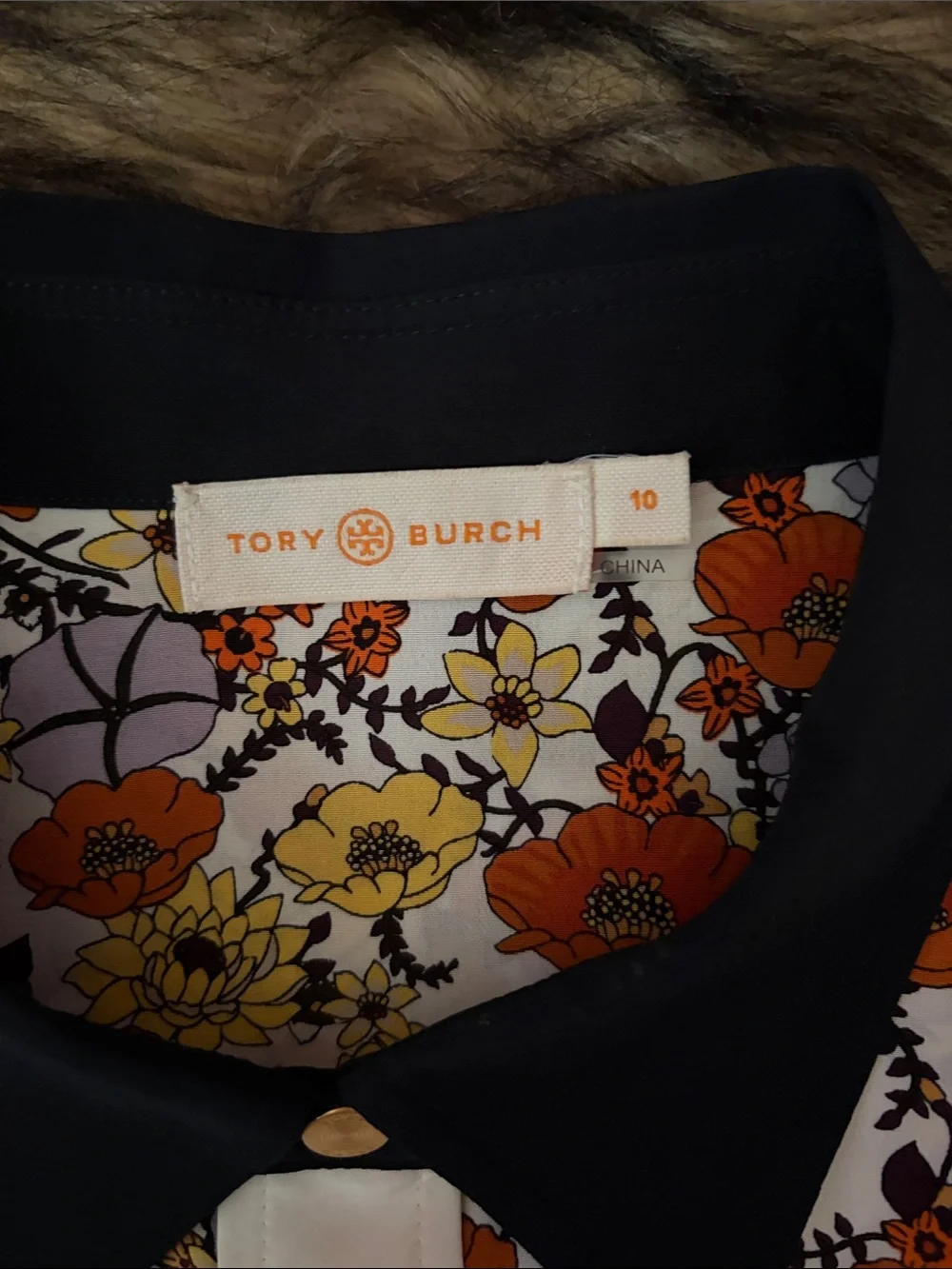 Tory Burch Silk Shirt Ditsy Blossom Patchwork Stud Print Floral Orange Size 10